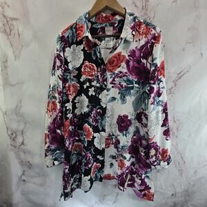 Chicos Shirt Womens Large 2 White Pink Blouse Button Up Tunic Rose Floral